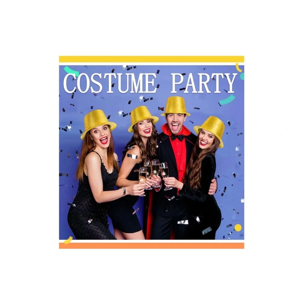 Hillban 12 Pc Top Hats, Glitter Plastic Retro Party Hats, Metallic Gold, NEW